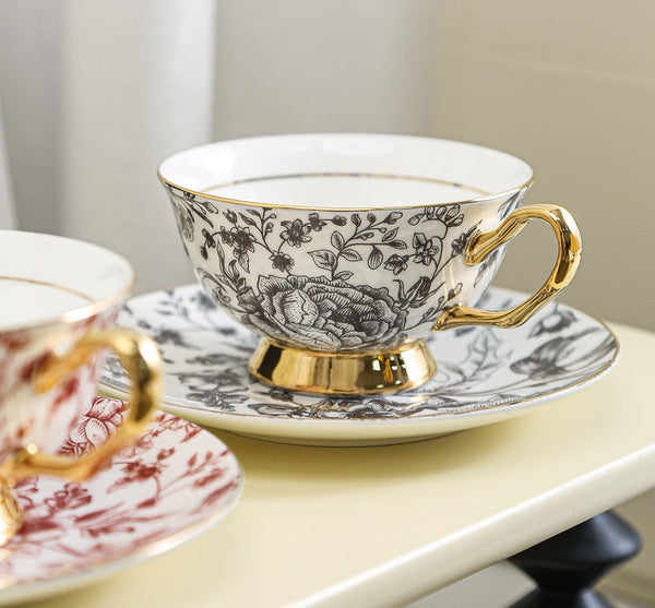 Elegant Flower Ceramic Cups, Unique Royal Coffee Cup and Saucer, Creative Porcelain Tea Cup Saucer Set, Beautiful British Tea Cups-HomePaintingDecor