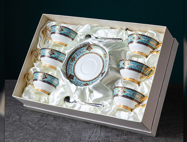 Unique Tea Cup and Saucer in Gift Box, 7.4 oz British Ceramic Coffee Cups, Porcelain Tea Cup Set for Office-HomePaintingDecor