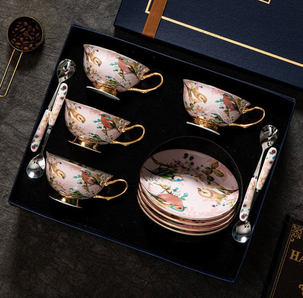 Unique Tea Cup and Saucer in Gift Box, Lovely Birds Ceramic Cups, Elegant Ceramic Coffee Cups, Afternoon Bone China Porcelain Tea Cup Set-HomePaintingDecor