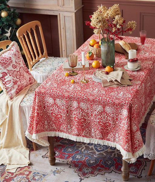 Large Fiberflax Rectangle Tablecloth for Home Decoration, Red Flower Pattern Tablecloth for Holiday Decoration, Square Tablecloth for Round Table-HomePaintingDecor