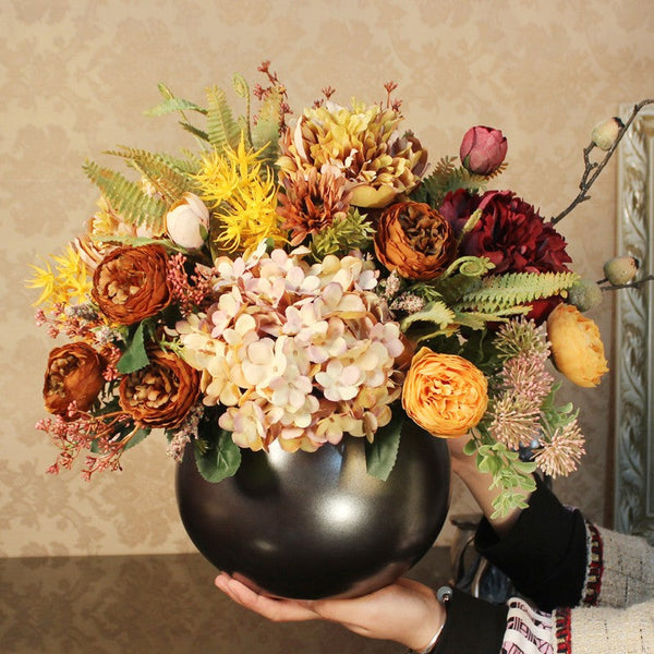 Modern Artificial Floral Arrangement for Bedroom, Large Bunch of Autumn Flowers Arrangement Interior Design, Peony Faux Silk Floral Bouquet Table Centerpiece-HomePaintingDecor