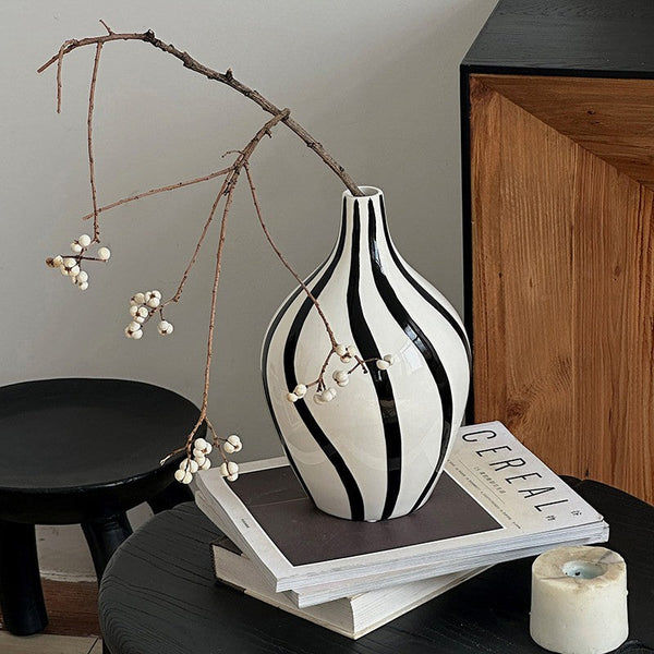 Water Holding Flower Vases, Black and White Striped Ceramic Vase, Porcelain Flower Vases, Modern Flower Vases on Table-HomePaintingDecor