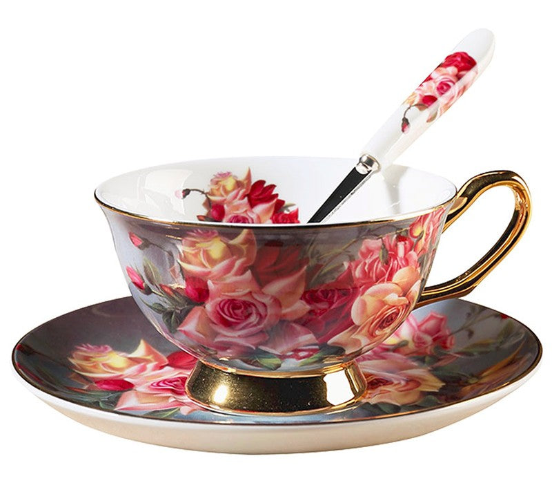 Ceramic Tea Cups and Saucers in Gift Box, Rose Flower Royal Bone China Porcelain Tea Cup Set, Elegant Ceramic Coffee Cups, Beautiful British Tea Cups-HomePaintingDecor