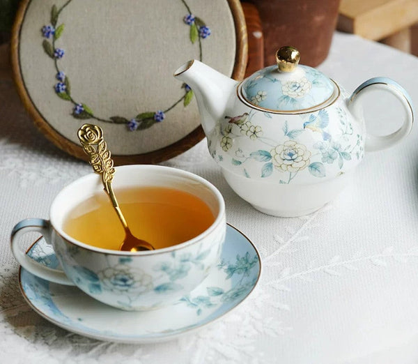 Stackable Teapot and Cup Set, Ceramic Tea Pot with Integrated Cup, Porcelain Teapot with Matching Cup and Saucer in Gift Box, Mother-and-Baby Teapot with Matching Saucer-HomePaintingDecor