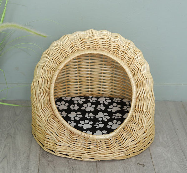 Natural Wicker Cat House Basket with Washable Cushion for Indoor Cats and Dogs, Rattan Cat Bed-HomePaintingDecor