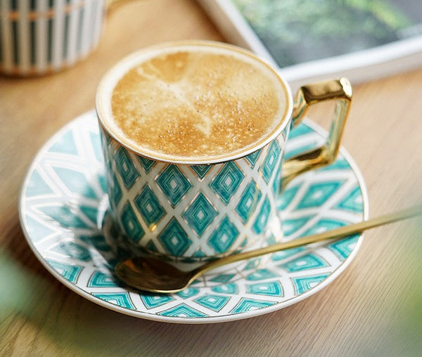 Afternoon Green British Tea Cups, Unique Ceramic Coffee Cups, Creative Bone China Porcelain Tea Cup Set, Traditional English Tea Cups and Saucers-HomePaintingDecor