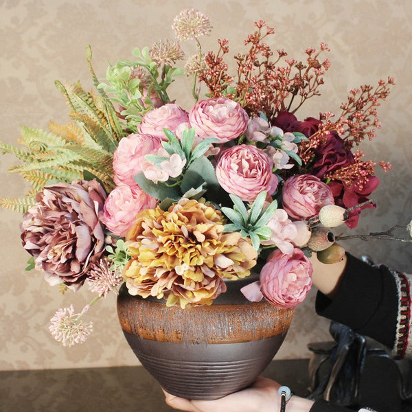 Real Touch Faux Silk Floral Bouquet Table Centerpiece, Beautiful Artificial Floral Arrangement for Bedroom, Large Bunch of Peony Flowers Arrangement-HomePaintingDecor