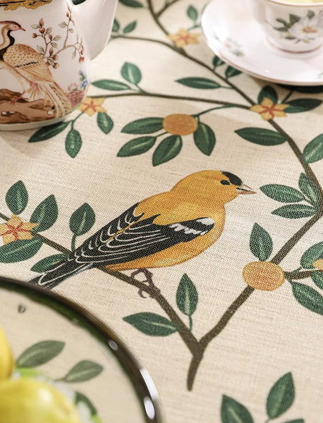 Rectangle Tablecloth for Dining Table, Oriole and Golden Orange Tree Table Cover, Extra Large Modern Tablecloth, Square Linen Tablecloth for Coffee Table-HomePaintingDecor