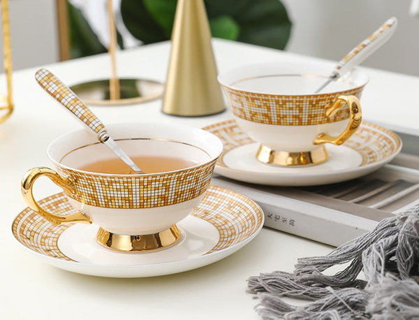Handmade Elegant British Ceramic Coffee Cups, Unique Tea Cup and Saucer in Gift Box, Bone China Porcelain Tea Cup Set for Office, Yellow Ceramic Cups-HomePaintingDecor