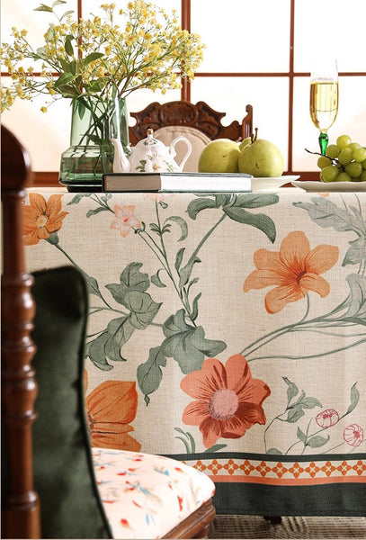 Linen Table Cover for Dining Room Table, Beautiful Kitchen Table Cover, Spring Flower Tablecloth for Round Table, Simple Modern Rectangle Tablecloth Ideas for Oval Table-HomePaintingDecor
