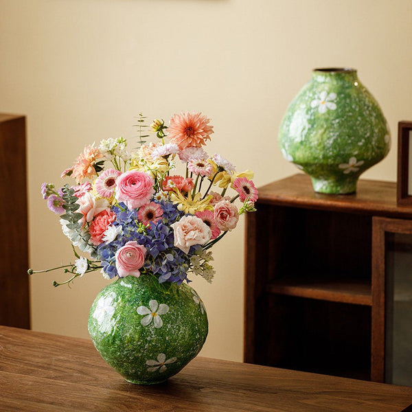 Centerpiece on Dining Table, Handmade Water Holding Flower Vases, Modern Pottery Flower Vases, Pottery Bud Vases, Large Green Flower Vases on Table-HomePaintingDecor