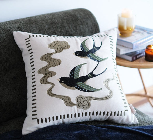 Luxury Decorative Pillows for Couch, Modern Throw Pillows for Couch, Vintage Decorative Pillows, Embroidered Swallow Birds Cushion, Decorative Pillow Arrangement Ideas for Bed-HomePaintingDecor