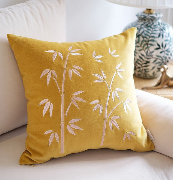 Decorative Pillow Arrangement Ideas for Couch, Large Decorative Pillows for Couch, Modern Throw Pillows for Bedroom, Living Room Decorative Pillows, Yellow Embroidered Bamboo Cushion-HomePaintingDecor