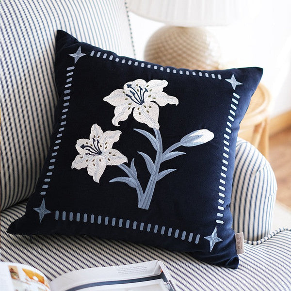 Dark Blue Lily Embroidered Cushion, Living Room Decorative Pillows, Decorative Pillow Arrangement Ideas for Couch, Large Decorative Pillows for Couch, Modern Throw Pillows for Bedroom-HomePaintingDecor