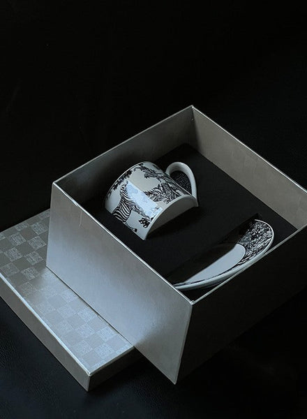 Royal Ceramic Cups, Elegant Ceramic Coffee Cups, 6.8 oz Tea Cup and Saucer in Gift Box, Zebra Jungle Porcelain Tea Cup Saucer Set-HomePaintingDecor