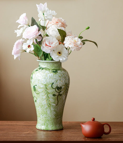 Large Flower Vases on Table, Green Porcelain Flower Vases, Centerpiece Ceramic Bud Vases, Handmade Water Holding Flower Vase-HomePaintingDecor