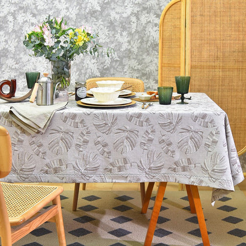 Monstera Leaf Modern Table Cloths for Kitchen, Simple Contemporary Grey Cotton Tablecloth, Large Rectangle Table Covers for Dining Room Table, Square Tablecloth for Round Table-HomePaintingDecor