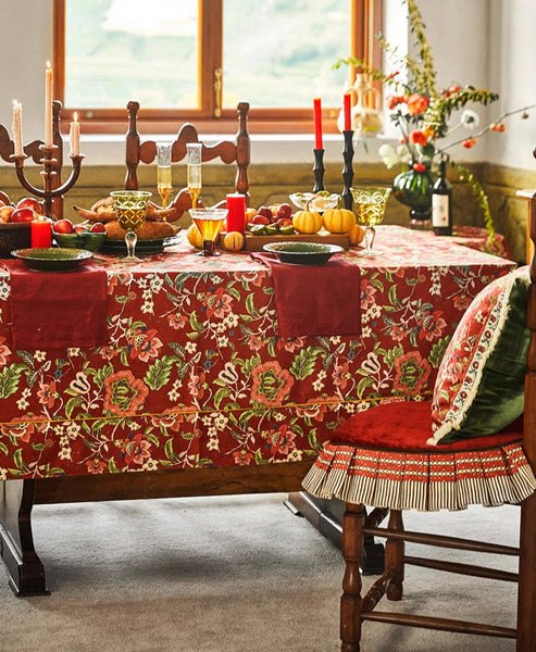 Large Modern Rectangle Tablecloth for Dining Table, Azalea Flower Pattern Table Covers for Dining Table, Red Flower Pattern Table Cloth for Oval Table-HomePaintingDecor