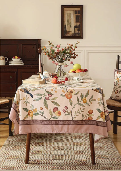 Bird and Fruit Tree Kitchen Table Cover, Linen Table Cover for Dining Room Table, Tablecloth for Round Table, Simple Modern Rectangle Tablecloth Ideas for Oval Table-HomePaintingDecor