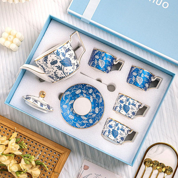 Unique British Afternoon Tea Cup Set with Teapot, Ceramic Coffee Cup with Saucer in Gift Box, Blue Porcelain Tea Cup and Saucer Set-HomePaintingDecor