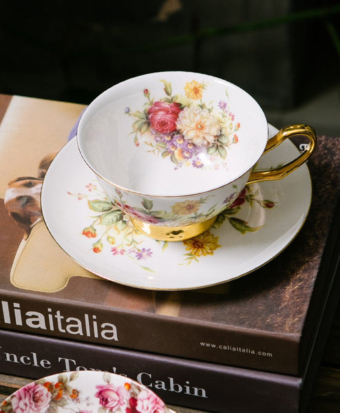 Elegant Rose Flower Ceramic Cups, Unique Royal Coffee Cup and Saucer, Creative Porcelain Tea Cup Saucer Set, Beautiful British Tea Cups-HomePaintingDecor
