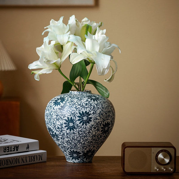 Vintage Bouquet Flower Vases, Centerpiece on Dining Table, Large Blue Flower Vase on Table, Handmade Porcelain Flower Vases Urn, Water Holding Flower Vases-HomePaintingDecor