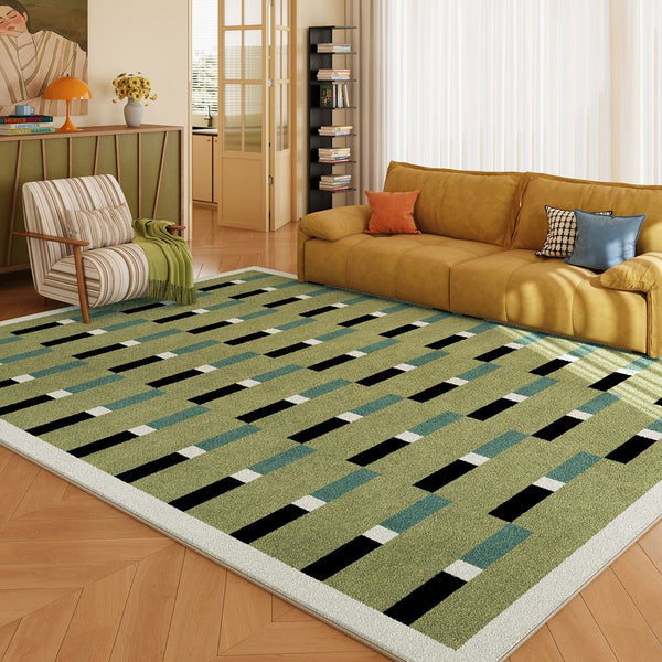 Mid Century Modern Rugs, Green Geometric Contemporary Rugs, Modern Living Room Rug Ideas, Colorful Area Rugs for Dining Room-HomePaintingDecor