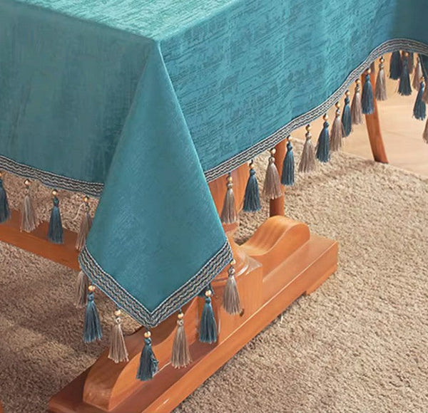 Green Fringes Tablecloth for Home Decoration, Square Tablecloth for Round Table, Modern Rectangle Tablecloth, Large Simple Table Cloth for Dining Room Table-HomePaintingDecor