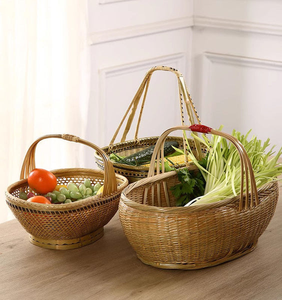 Natural Hand-woven Bamboo Basket, Natural Fruit Basket Kitchen Storage Baskets, Extra Large Picnic Food Basket with Handle, Lovely Bamboo Baskets for Vegetable-HomePaintingDecor