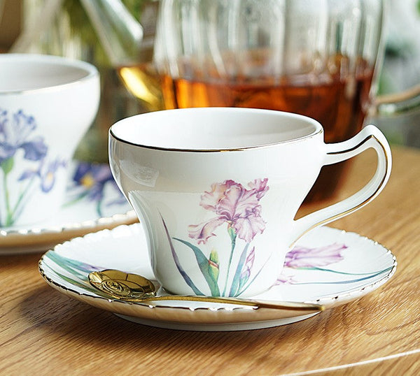 Iris Flower British Tea Cups, Beautiful Porcelain Tea Cup Saucer Set, Traditional English Tea Cup and Saucer, Unique Ceramic Coffee Cups in Gift Box-HomePaintingDecor