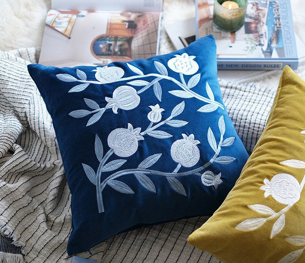 Blue Embroidered Pomegranate Cushion, Large Decorative Pillows for Couch, Living Room Decorative Pillows, Modern Throw Pillows for Bedroom, Decorative Pillow Arrangement Ideas for Couch-HomePaintingDecor