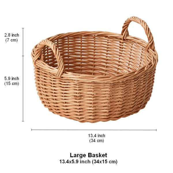 Picnic Fruit Basket with Handle, Kitchen Storage Baskets, Natural Hand-woven Wicker Round Storage Basket, Lovely Willow Weaving Baskets for Vegetable, Natural Fruit Storage Basket-HomePaintingDecor