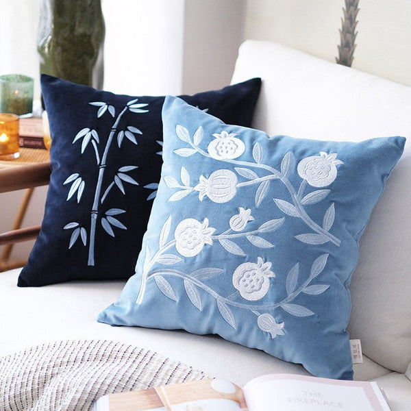 Living Room Decorative Pillows, Blue Embroidered Pomegranate Cushion, Large Decorative Pillows for Couch, Modern Throw Pillows for Bedroom, Decorative Pillow Arrangement Ideas for Couch-HomePaintingDecor