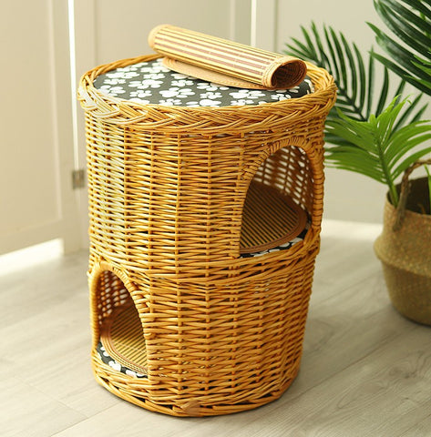 Triple-Layer Cat Bed, Large Cat House Basket with Washable Cushion for Indoor Cats and Dogs-HomePaintingDecor