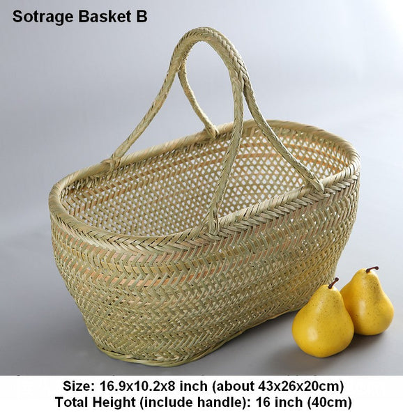 Natural Fruit Basket Kitchen Storage Baskets, Lovely Bamboo Baskets for Vegetable, Picnic Food Basket with Handle, Large Natural Hand-woven Bamboo Basket-HomePaintingDecor