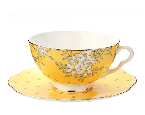 Creative Yellow Ceramic Coffee Cups, Unique Flower Coffee Cup and Saucer, Beautiful British Tea Cups, Creative Porcelain Tea Cup Set-HomePaintingDecor