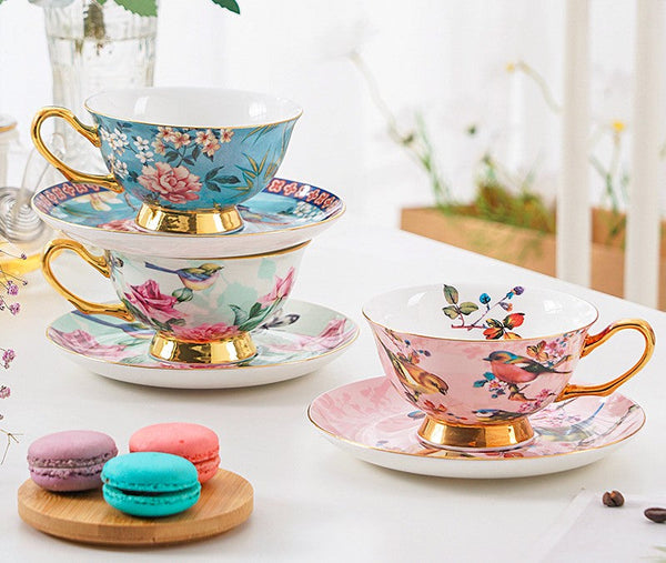 Unique Afternoon Tea Cups and Saucers in Gift Box, Royal Bone China Porcelain Tea Cup Set, Elegant Flower Pattern Ceramic Coffee Cups, Beautiful British Tea Cups-HomePaintingDecor