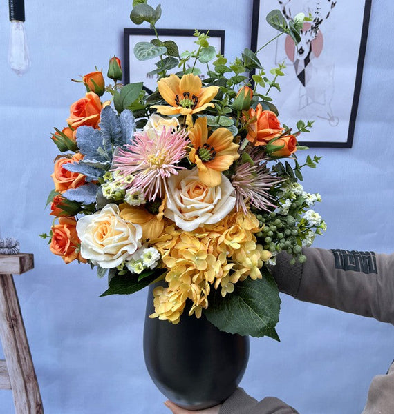 Large Bunch of Autumn Flowers Arrangement Interior Design, Modern Artificial Floral Arrangement for Bedroom, Beautiful Faux Silk Floral Bouquet Table Centerpiece-HomePaintingDecor