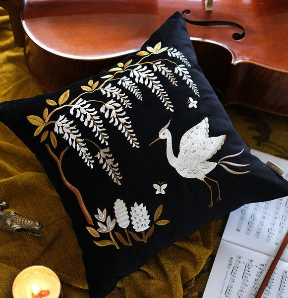 Decorative Pillow Arrangement Ideas for Bed, Embroidered Egret Cushion, Vintage Decorative Pillows, Luxury Decorative Pillows for Couch, Modern Throw Pillows for Couch-HomePaintingDecor