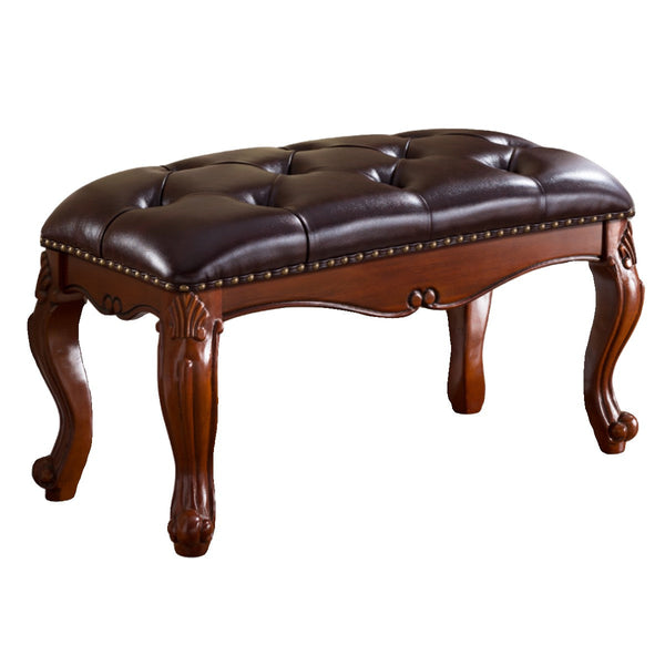 Genuine Leather Solid Wood Entry Bench, Rubber Wood Footstool, Vintage Brown Leather Stool, Farmhouse Entryway Bench, Leather Lounge Chair Modern, Dressing Table Stool-HomePaintingDecor