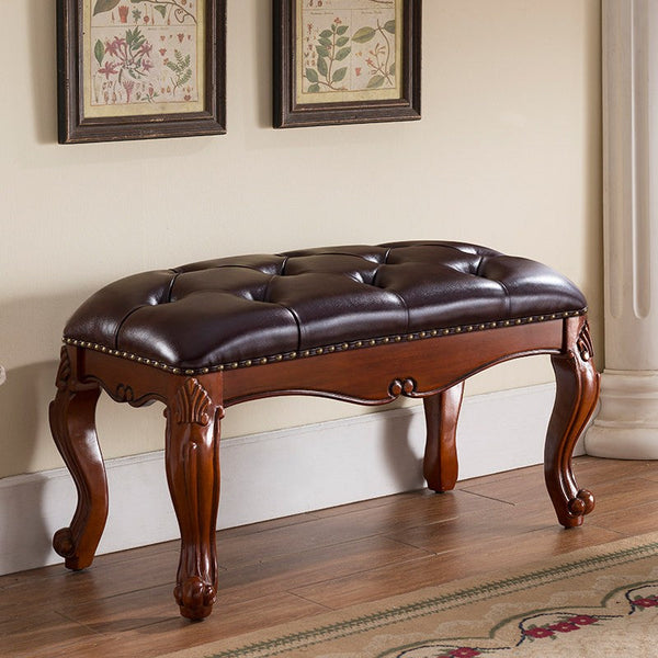 Genuine Leather Solid Wood Entry Bench, Rubber Wood Footstool, Vintage Brown Leather Stool, Farmhouse Entryway Bench, Leather Lounge Chair Modern, Dressing Table Stool-HomePaintingDecor