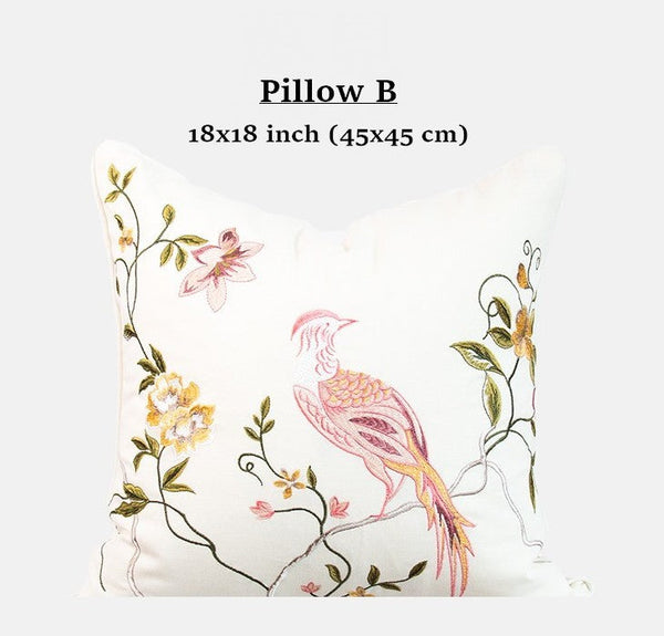 Embroidered Floral Bird Pattern Pillow Covers, Living Room Decorative Pillows, Modern Decorative Cushions, Decorative Pillows for Bed, Decorative Pillow Arrangement Ideas for Interior Design-HomePaintingDecor