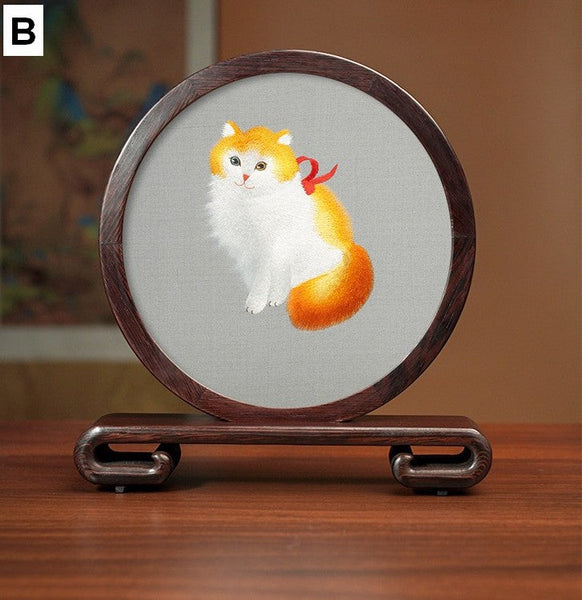 Unique Birthday Gift, Traditional Chinese Suzhou Kitten Embroidery Ornament, Lovely Kitty Cat Embroidered Decor, Premium Souvenir, Exclusive Business Present-HomePaintingDecor