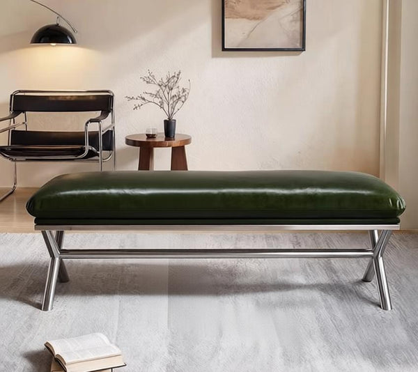 Contemporay Bedroom Bench, Luxury Genuine Leather Entry Bench, Upholstered Shoe Bench, Narrow Entryway Bench, Modern Shoe Changing Ottoman, Mid-Century Hall Bench-HomePaintingDecor