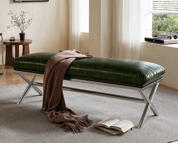 Contemporay Bedroom Bench, Luxury Genuine Leather Entry Bench, Upholstered Shoe Bench, Narrow Entryway Bench, Modern Shoe Changing Ottoman, Mid-Century Hall Bench-HomePaintingDecor