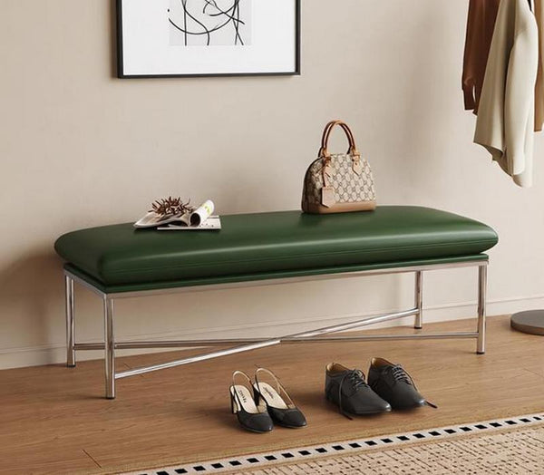 Narrow Entryway Bench, Modern Shoe Changing Ottoman, Mid-Century Hall Bench, Luxury Genuine Leather Entry Bench, Upholstered Shoe Bench, Contemporay Bedroom Bench-HomePaintingDecor