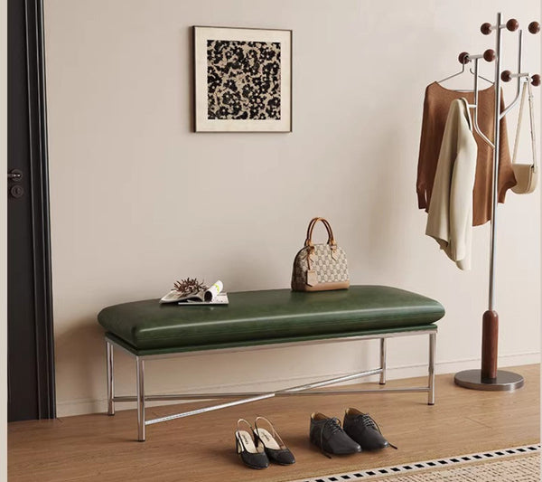 Narrow Entryway Bench, Modern Shoe Changing Ottoman, Mid-Century Hall Bench, Luxury Genuine Leather Entry Bench, Upholstered Shoe Bench, Contemporay Bedroom Bench-HomePaintingDecor