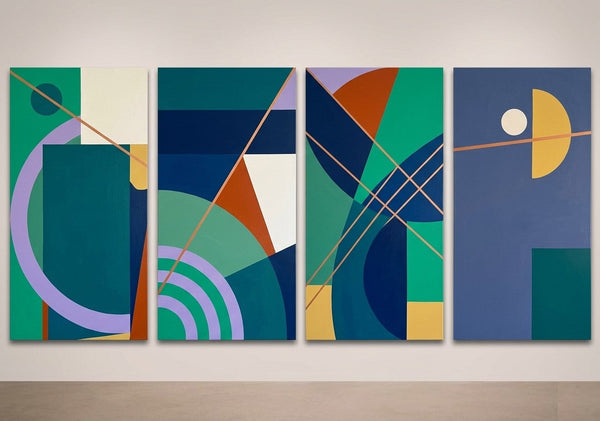 Blue Modern Contemporary Paintings, Geometric Abstract Paintings, Hand Painted Canvas Art, Multi Panel Wall Painting-HomePaintingDecor