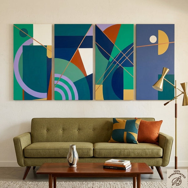 Blue Modern Contemporary Paintings, Geometric Abstract Paintings, Hand Painted Canvas Art, Multi Panel Wall Painting-HomePaintingDecor