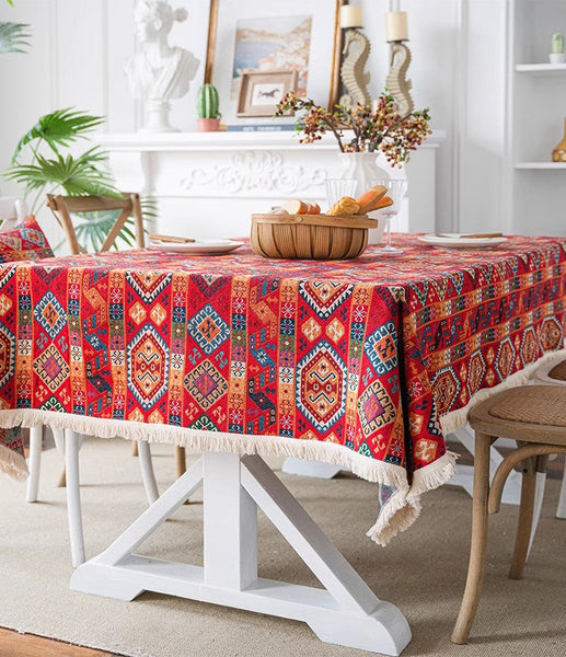 Oriental Red Rectangular Table Covers for Coffee Table, Bohemian Rectangular Tablecloth for Oval Table, Large Modern Linen Tablecloths-HomePaintingDecor